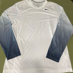 Nike White and Blue Dri Fit Running Long Sleeve Tee